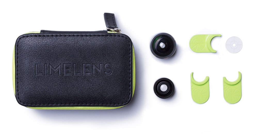 Flat lay of the complete Limelens set of lenses and carry case